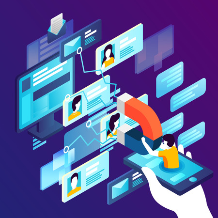 Vector concept illustration - customer retention, man with magnet. Modern bright banner template with place for your text.のイラスト素材