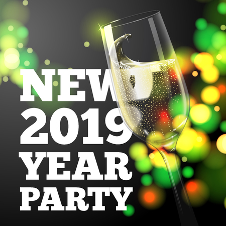 Vector New Year Banner with transparent champagne glass on bright background with blurred xmas tree.のイラスト素材