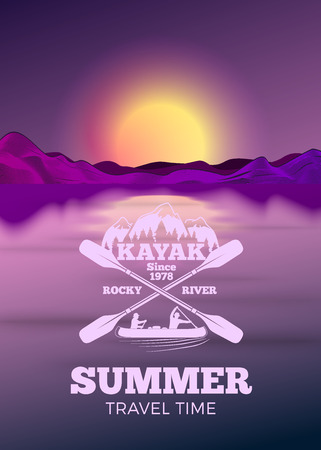 poster design template in 80s retro style, with kayak camping label over the river and mountains. Summer time journey concept.のイラスト素材