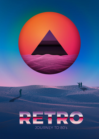 poster design template in 80s retro futurism style, with bright sun with triangle pyramid inside and people glase on it. Journey concept.のイラスト素材