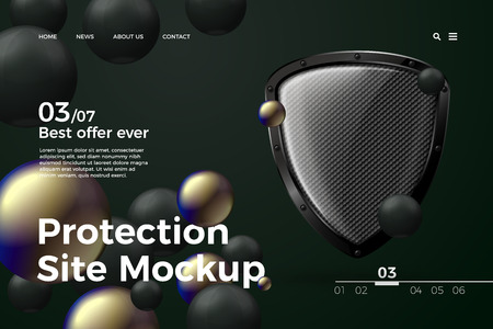 realistic 3d protection site template with shield on dark modern site with typographic background. Mock-up for product package branding.のイラスト素材