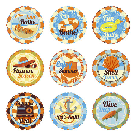 set of cute bright summer badges with slogans. Chase lounge, bathing duck, hat and glasses, bikini girl, shell, radio, anchor, sea turtle.のイラスト素材