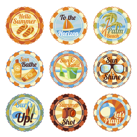 set of bright summer badges with slogans. Slippers, yacht, palms, cream and tan, spade and bucket, sunglasses, surf, photo camera, beach ball.のイラスト素材