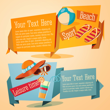set of jolly summer banners. With ball, flip flops, hat and cocktail.のイラスト素材