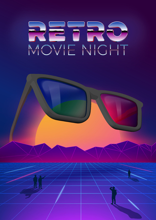 retro movie night poster design template in 80s vintage futurism style, with 3d glasses on the sun background, and people gaze on it.のイラスト素材