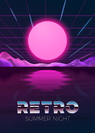 poster design template in 80s retro futurism style, with futuristic digital sun over the river and mountains with reflection. Summer journey concept.のイラスト素材
