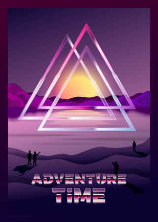 poster design template in 80s retro futurism style, with Odin's symbol valknut over the river and mountains. Sunset and people gaze on it, adventure travel concept.のイラスト素材