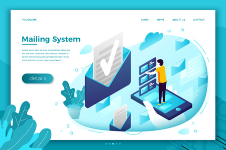 concept illustration - mailing service, man holding open envelope. Modern bright banner, site template with place for your text.のイラスト素材