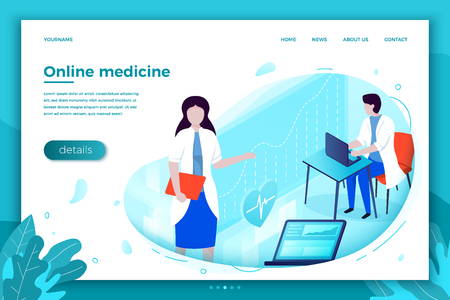 bright online health consultation template, doctor with computer, on bright background. With place for your textのイラスト素材