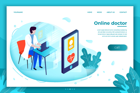 bright online health consultation template, doctor with computer, on bright background. With place for your textのイラスト素材