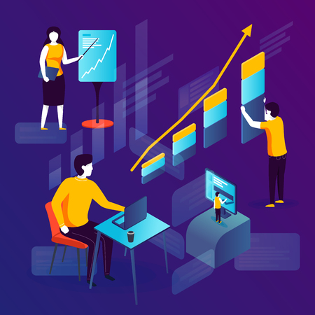 concept illustration -  girl with presentation, meeting in office. Modern bright banner template with place for your text.のイラスト素材