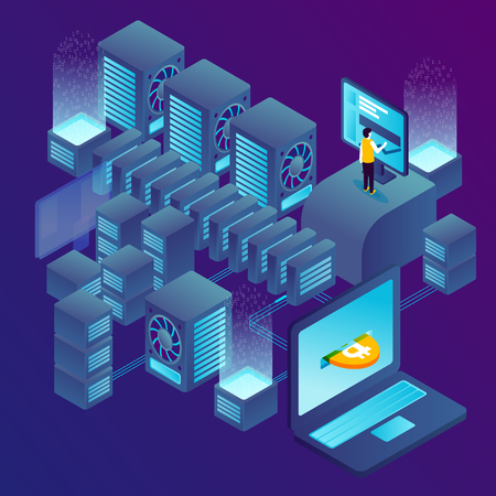 concept illustration -  cryptocurrency mining equipment generate money on laptop. Modern bright banner template with place for your text.のイラスト素材