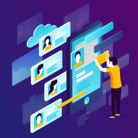 concept illustration -  social network profile creation, dating service. Modern bright banner template with place for your text.のイラスト素材