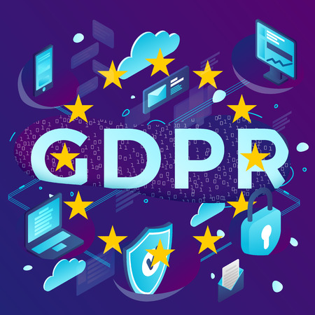 concept illustration -  General Data Protection Regulation. Modern bright banner, big word with protected devices around.のイラスト素材