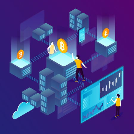 concept illustration -  cryptocurrency trading process, people making money. Modern bright banner template with place for your text.のイラスト素材