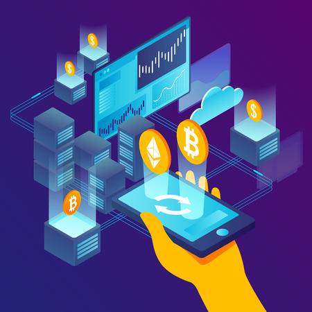 concept illustration -  cryptocurrency exchange process. Modern bright banner template with place for your text.のイラスト素材
