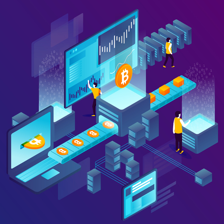 concept illustration -  cryptocurrency mining process, transporter with bitcoins. Modern bright banner template with place for your text.のイラスト素材