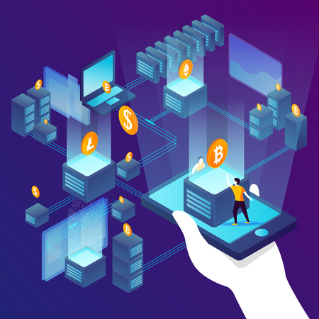 concept illustration -  cryptocurrency mining farm process, mans hand holding mobile phone and control money making. Modern bright banner template with place for your text.のイラスト素材