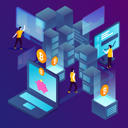 concept illustration -  cryptocurrency mining process, people making money. Modern bright banner template with place for your textのイラスト素材