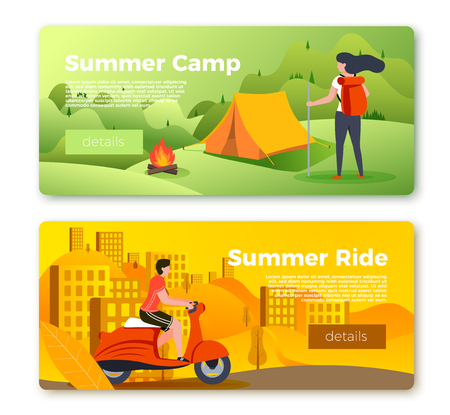Vector set of bright banner templates with camping girl and man on motorbike. City, forest, river and mountains on soft background. With place for your text.のイラスト素材