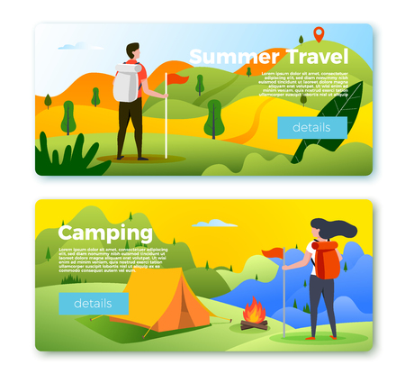 Vector set of bright banner templates with people hiking outdoors. Forest, river and mountains on soft background. With place for your text.のイラスト素材