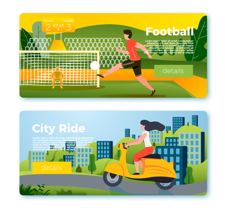 Vector set of bright banner templates with football man and girl on motorbike. City, forest, river and mountains on soft background. With place for your text.のイラスト素材