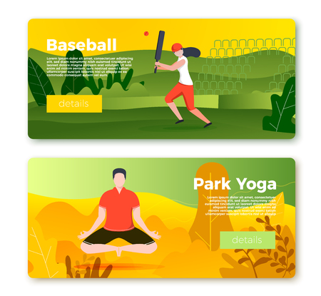 Vector set of bright banner templates with cricket player girl and yoga man in park. City, forest, river and mountains on soft background. With place for your text.のイラスト素材