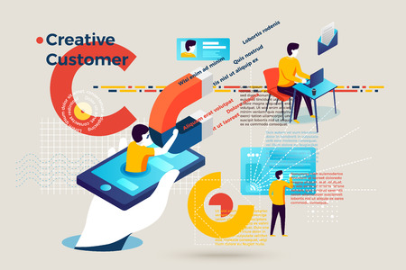 Vector concept illustration -  alphabet letter C with business banner and creative customer connection. Modern bright banner template with charts and place for your text.のイラスト素材