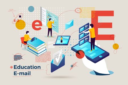 Vector concept illustration -  alphabet letter E with business banner and people learning online. Modern bright banner template with charts and place for your text.のイラスト素材