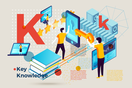 Vector concept illustration -  alphabet letter K with knowledge key and people learning online. Modern bright banner template with charts and place for your text.のイラスト素材