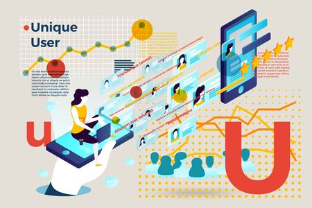 Vector concept illustration -  alphabet letter U with girl unique user online. Modern bright banner template with charts and place for your text.のイラスト素材