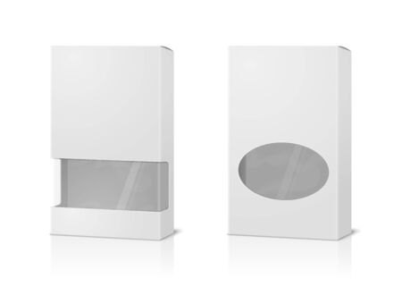 Vector realistic 3d tall paper boxes, blank and with transparent windows isolated on white background.  Mock-up for product package branding.のイラスト素材