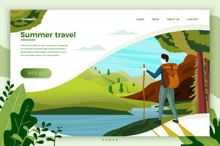 Vector illustration - camping man with mountains, river, trees on background. Banner, site, poster template with place for your text.のイラスト素材