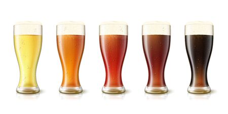 Vector 3d realistic various beers in tall glasses, yellow, amber, red, dark and black. Mockup template for beer advertisingのイラスト素材