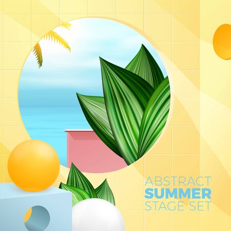 Vector summer exotic travel hotel bathroom with paradise ocean view. Fresh and bright decorative tropical house backdrop with place for your text.のイラスト素材