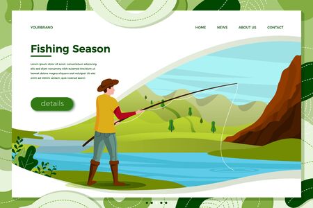 Vector illustration - fisherman on river with rod. Forests, trees, mountains and hills on green background. Banner, site, poster template with place for your text.のイラスト素材