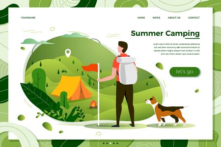 Vector illustration -  tourist man with dog looking on camping place with bonfire. Forests, trees and hills on green background. Banner, site, poster template with place for your text.のイラスト素材