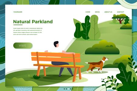Vector illustration - man on bench with dog in park, trees on background. Banner, site, poster template with place for your text.のイラスト素材