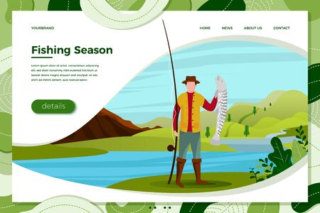 Vector illustration - fisherman on river with catched fish. Forests, trees, mountains and hills on green background. Banner, site, poster template with place for your text.のイラスト素材