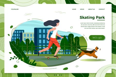 Vector illustration - girl with dog skating in city park. Town, trees and hills on green background. Banner, site, poster template with place for your text.のイラスト素材