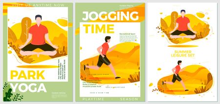 Vector summer sport posters set - yoga and running. Forests, trees and hills on background. Print template with place for your text.のイラスト素材
