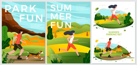 Vector summer posters set - roller riding and running activities. Forests, trees and hills on background. Print template with place for your text.のイラスト素材
