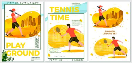 Vector summer sport posters set - cricket and tennis players. Forests, trees and hills on background. Print template with place for your text.のイラスト素材
