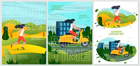 Vector summer sport posters set - motorbike and rolling in park. City, forests, trees and hills on background. Print template with place for your text.のイラスト素材