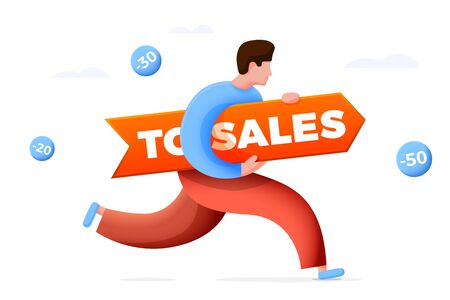 Vector illustration - cartoon running man with sales banner, isolated on white background. Arrow in hands and discounts around.のイラスト素材