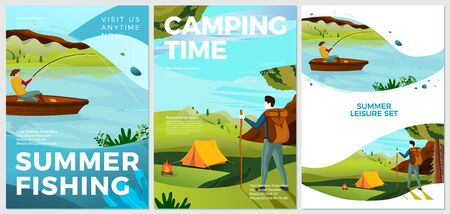 Vector summer typographic posters set - hiking and fishing people. Forests, trees and hills on background. Print template with place for your text.のイラスト素材