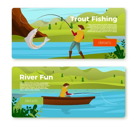Vector banners set - fisherman on river boat and with trout. Forests, trees, mountains and hills on green background. Template with place for your text.のイラスト素材