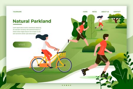 Vector illustration - bicycle riding, running, rolling people in park and trees on background. Banner, site, poster template with place for your text.のイラスト素材