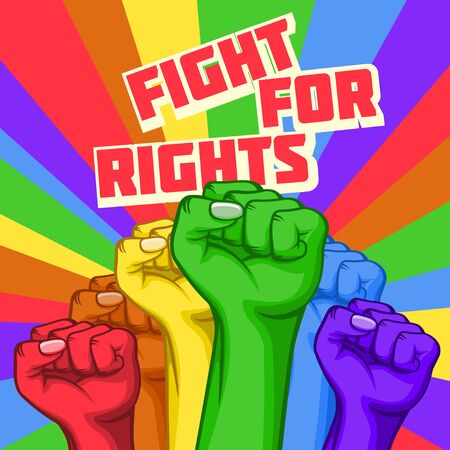 Vector fight for rights vintage poster with rainbow colored raised hands with fists. On bright lgbt backgroundのイラスト素材