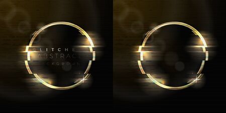 Vector glitched abstract background with golden ring, distorted tv noise. Set with text and empty.のイラスト素材